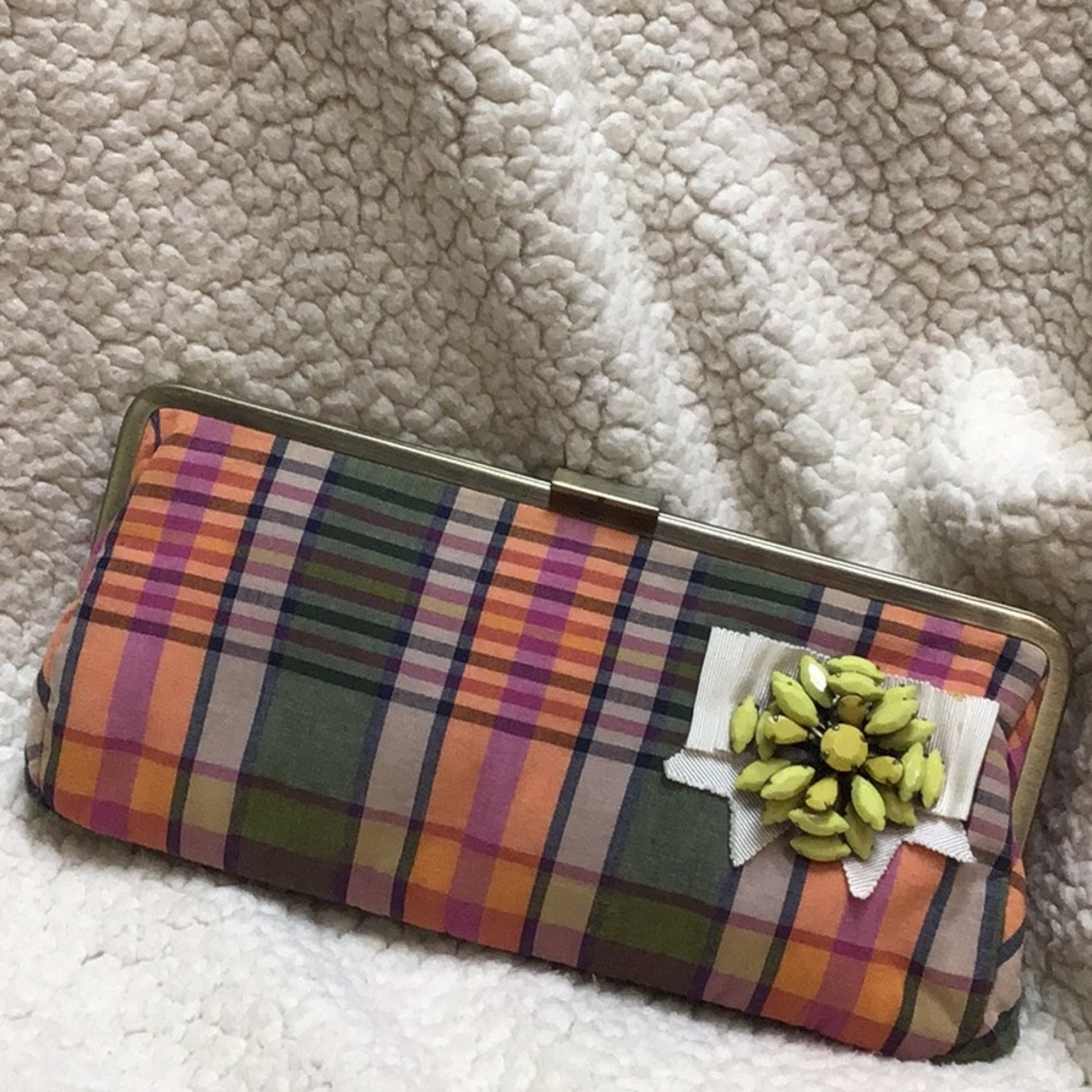 J. Crew Plaid Clutch in Orange, Purple, Green with Yellow Accent
